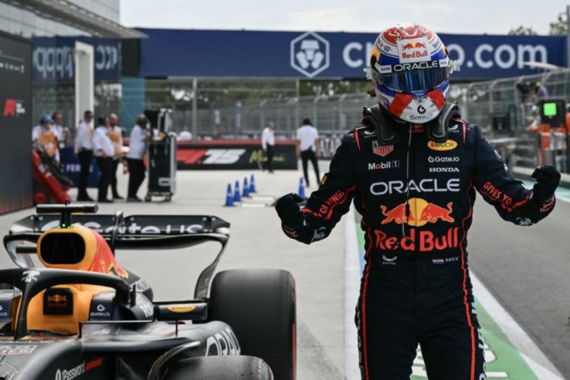 Red Bull Racing's Dutch driver Max Verstappen celebrates after winning the pole position during the qualifying session for the 2025 Miami Formula One Grand Prix at Miami International Autodrome in Miami Gardens, Florida, on May 3, 2025.   CHANDAN KHANNA / AFP