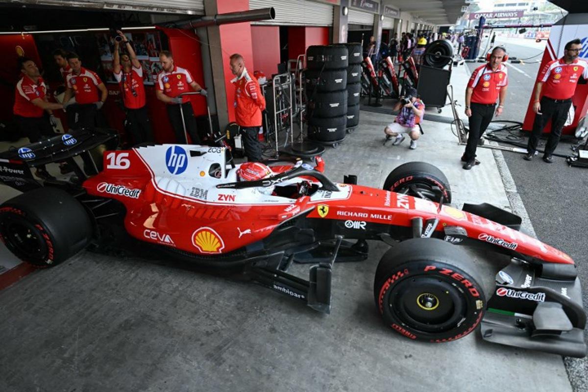 Ferrari's Monegasque driver Charles Leclerc leaves the garage during the first practice session of the Mexico City Formula One Grand Prix at the Hermanos Rodriguez racetrack in Mexico City on October 30, 2026.  YURI CORTEZ / AFP