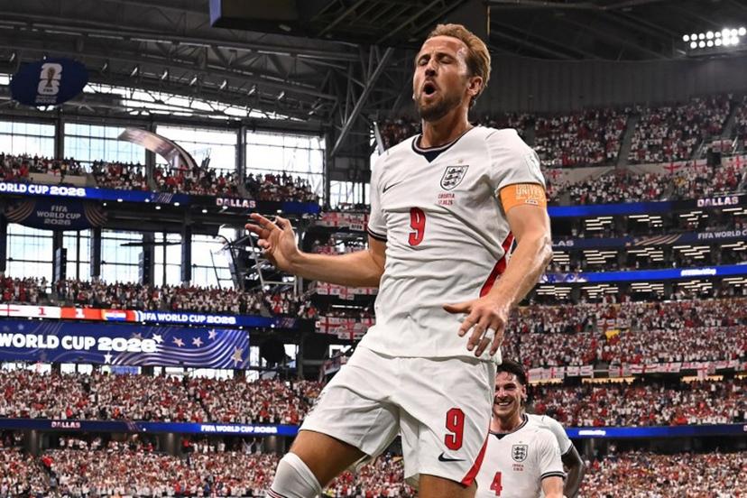 England's forward #09 Harry Kane celebrates after scoring his team's second goal during the 2026 World Cup Group L football match between England and Croatia at the Dallas Stadium in Arlington on June 17, 2026.   Paul ELLIS / AFP