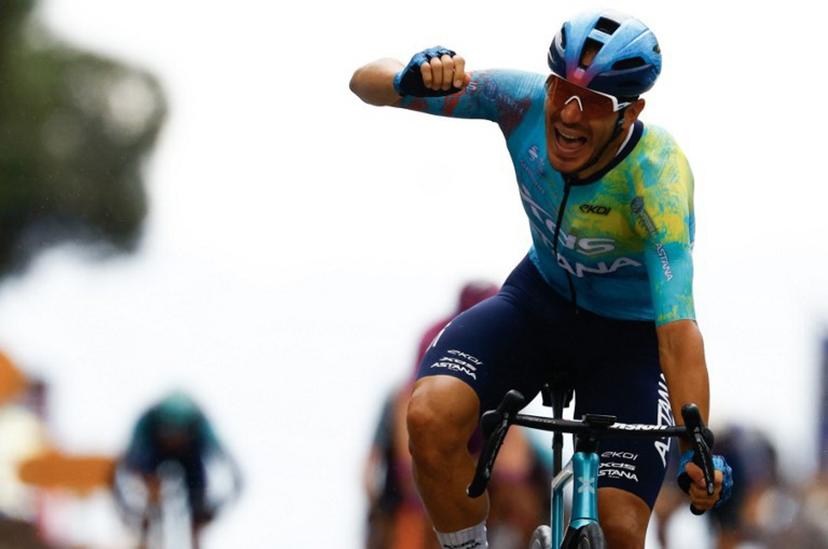 XDS Astana Team Italian rider Davide Ballerini celebrates as he crosses the finish line to win in the 6th stage of the Giro d'Italia 2026 - Tour of Italy cycling race between Paestum and Naples, southern Italy on May 14, 2026.  Luca Bettini / AFP