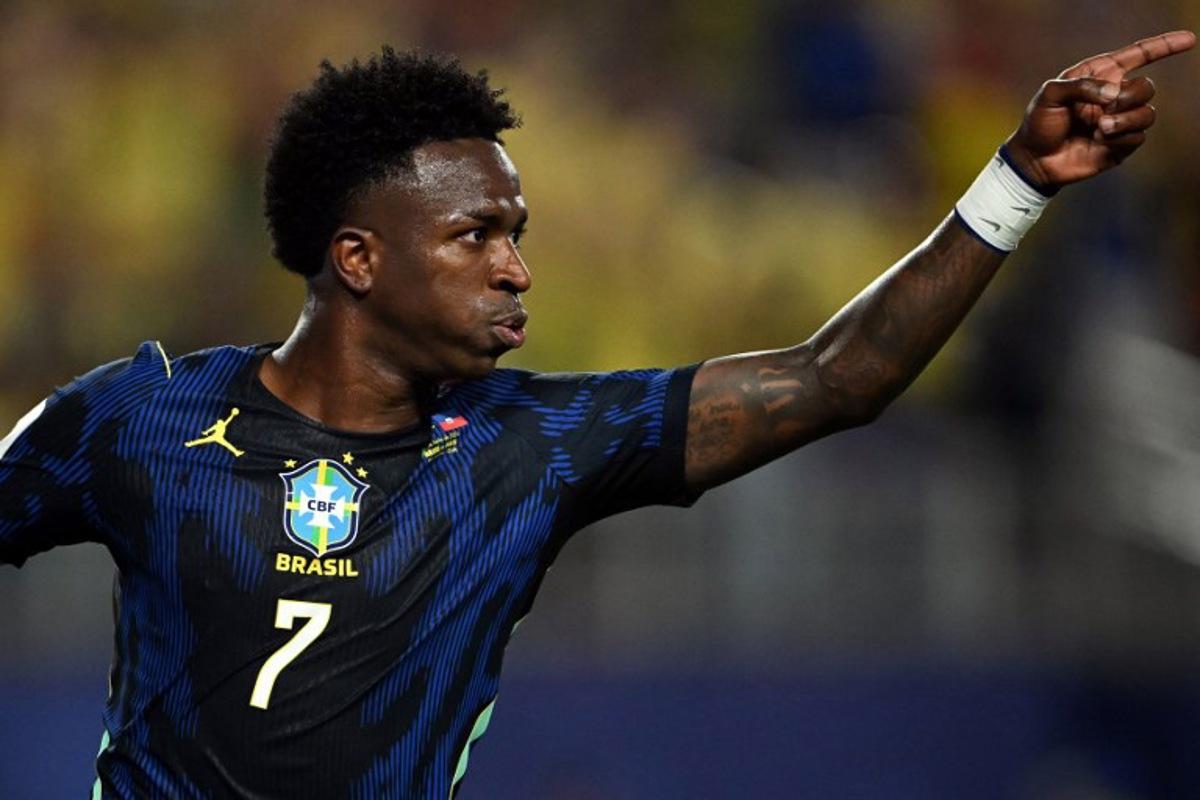 Brazil's forward #07 Vinicius Junior celebrates scoring his team's third goal during the 2026 World Cup Group C football match between Brazil and Haiti at the Philadelphia Stadium in Philadelphia on June 19, 2026.   Mauro PIMENTEL / AFP