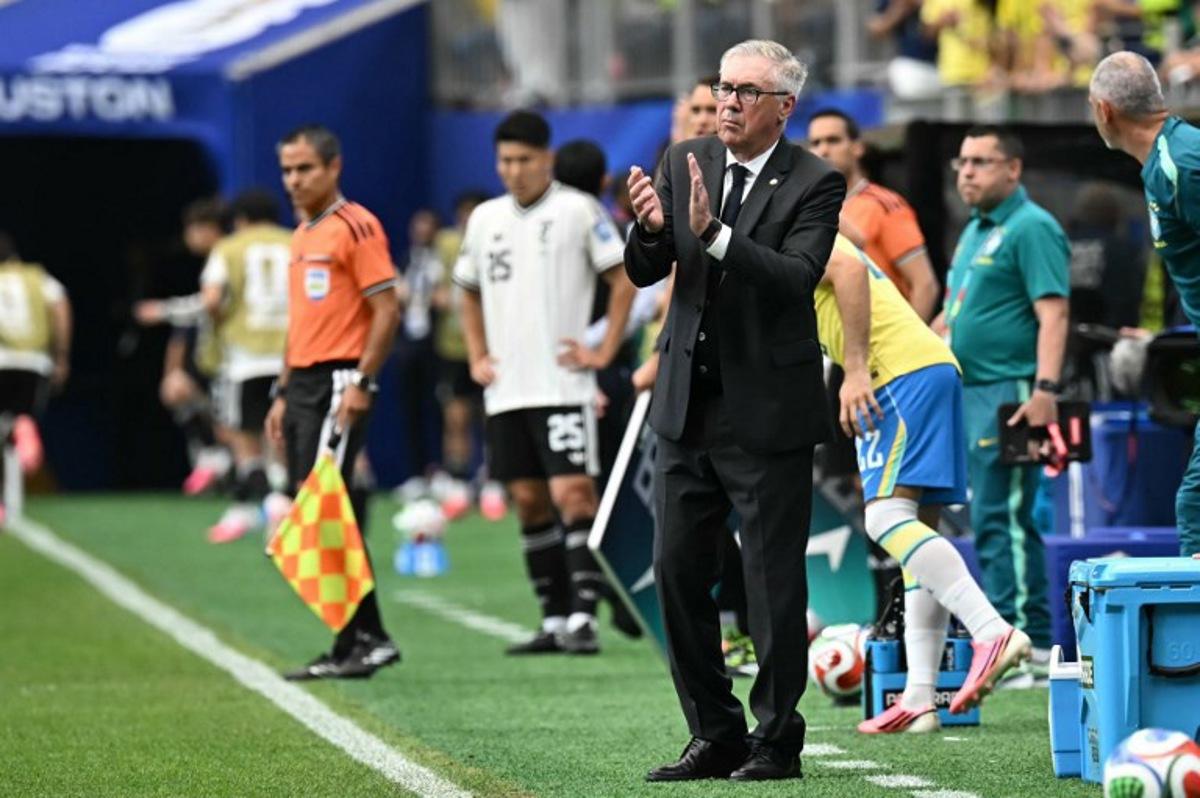 Brazil's Italian head coach Carlo Ancelotti reacts  during the 2026 World Cup round of 32 football match between Brazil and Japan at the Houston Stadium in Houston on June 29, 2026.   Paul ELLIS / AFP