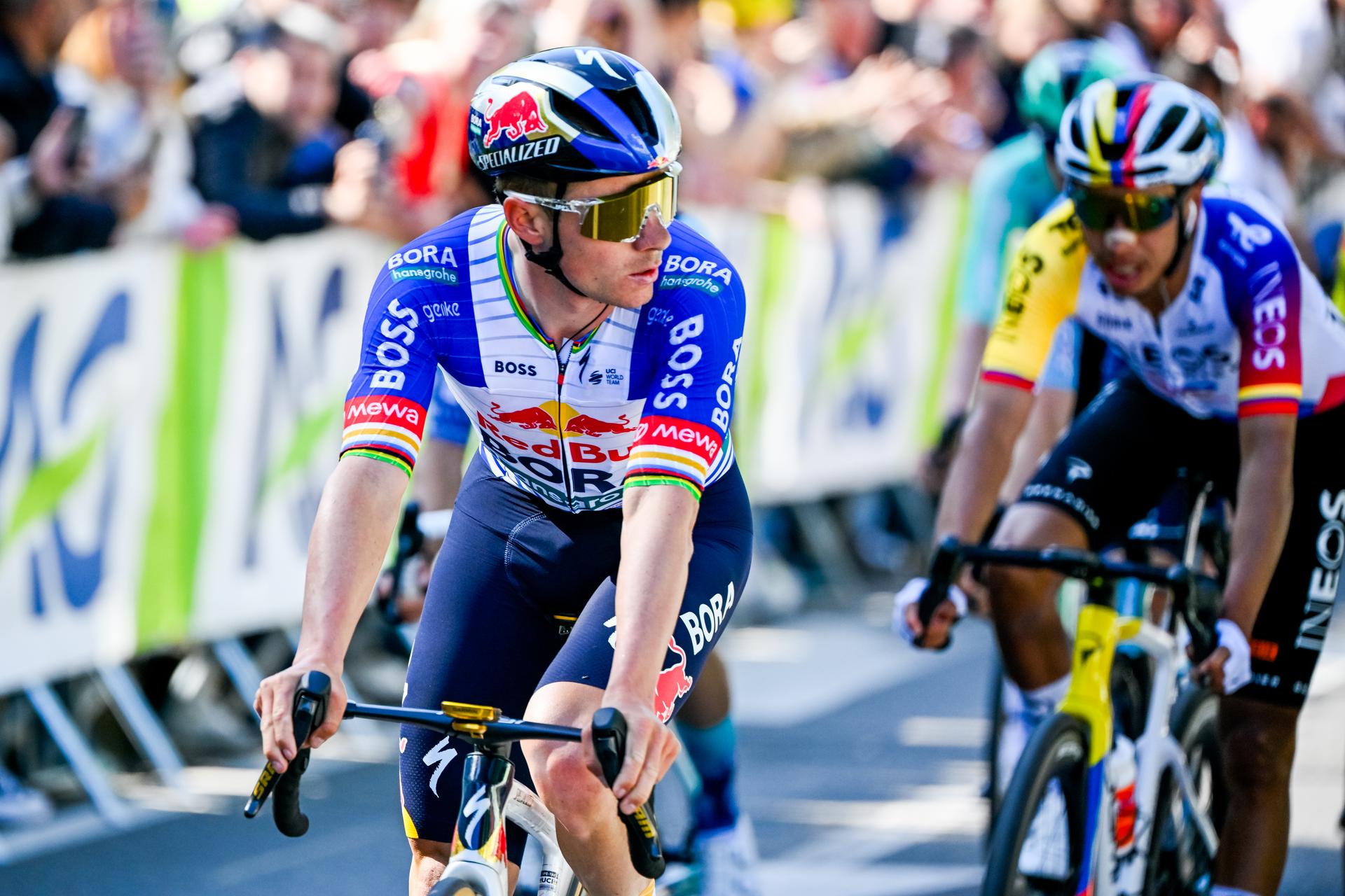 Belgian Remco Evenepoel of Red Bull-BORA-hansgrohe pictured in action during the men elite race of the Liege-Bastogne-Liege UCI World Tour one day cycling race, 259,5km from Liege, over Bastogne to Liege, Sunday 26 April 2026. BELGA PHOTO ERIC LALMAND