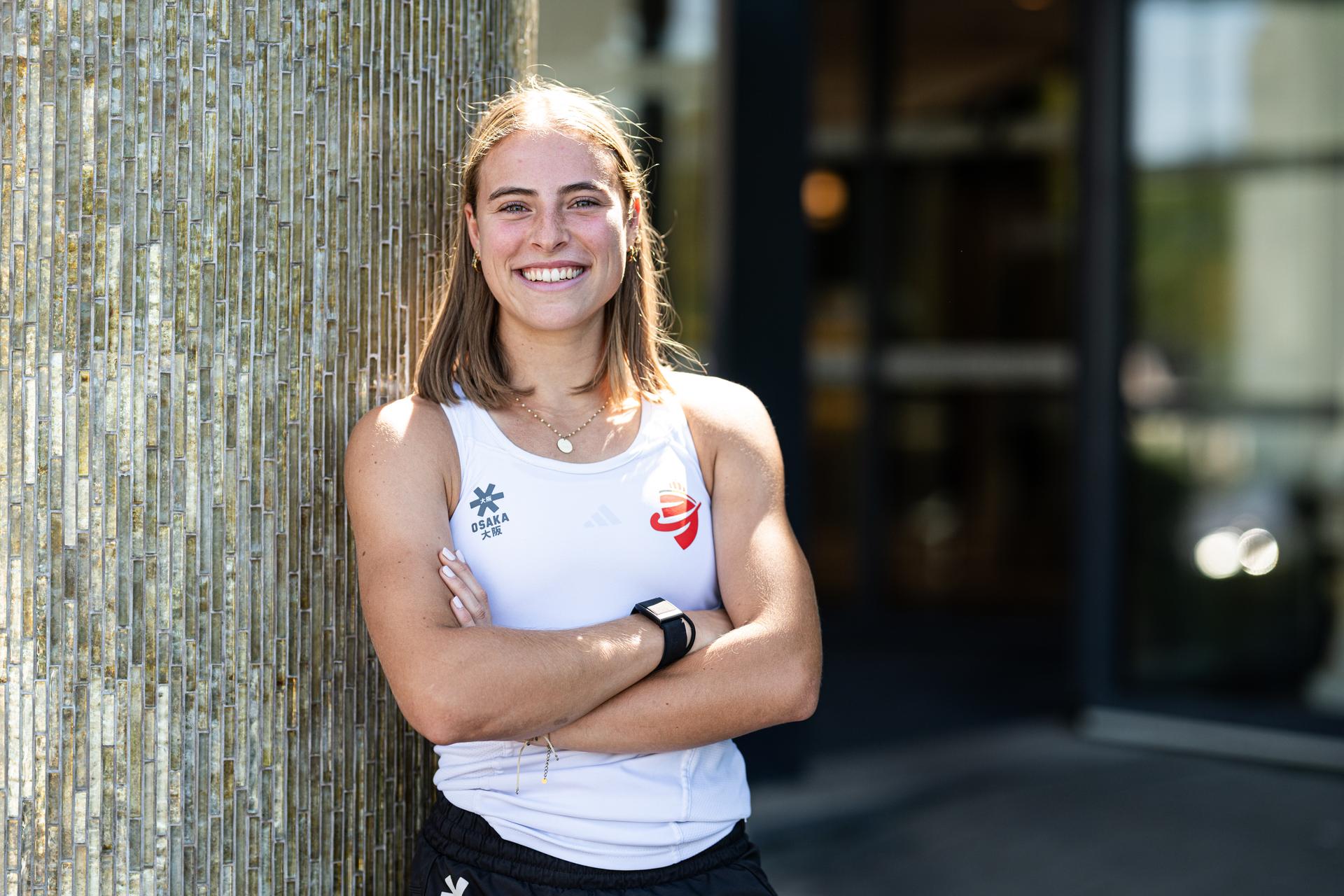 Belgium's Camille Belis poses for the photographer at a press conference of the Belgian national teams Red Lions and Red Panthers for the upcoming 2026 Hockey World Cup, Wednesday 12 August 2026, in Genval. The 2026 edition of the Hockey World Cup takes place in Belgium and The Netherlands from August 15 to August 30. BELGA PHOTO EMILE WINDAL