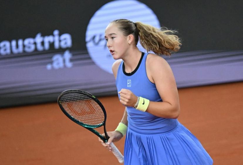 Mirra Andreeva reacts as she plays against Austria's Anastasia Potapova (not pictured) during their women's single final match of the WTA Upper Austria Women's Linz tennis tournament in Linz, Austria on April 12, 2026.  BARBARA GINDL / APA / AFP