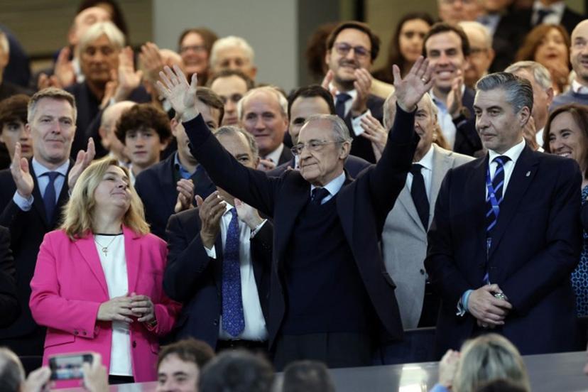 Real Madrid president Florentino Perez (C) waves from the stands before the Spanish league football match between Real Madrid CF and Real Oviedo at Santiago Bernabeu Stadium in Madrid on May 14, 2026. Real Madrid officially started their electoral process today, after president Florentino Perez announced his decision to call elections, in which he will stand. There is a 10-day window, until May 23, for the submission of candidacies, Madrid said in a statement. Among the requirements to be a candidate are having been a club member for 20 years and providing a guarantee of 187 million euros ($219m), equivalent to 15 percent of the club's annual budget, which must be backed by personal assets. Oscar DEL POZO / AFP