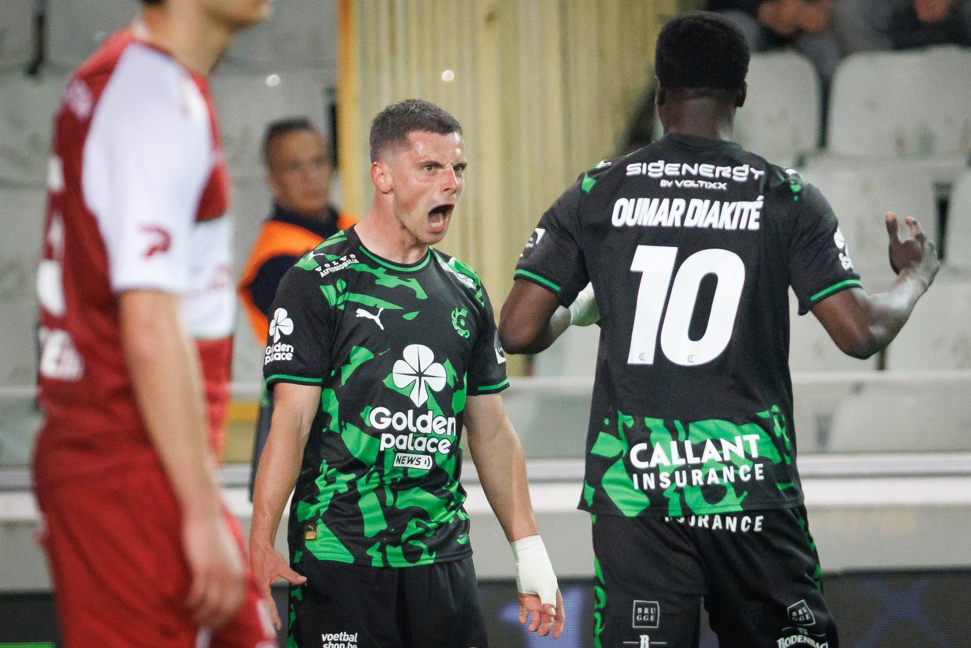 Cercle's Dante Vanzeir celebrates after scoring during a soccer match between Cercle Brugge KSV and SV Zulte Waregem, Friday 01 May 2026 in Brugge, on day five of the Relegation Play-offs of the 2025-2026 'Jupiler Pro League' first division of the Belgian championship. BELGA PHOTO KURT DESPLENTER