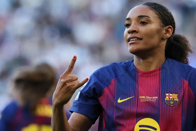 Barcelona's Spanish forward #07 Salma Paralluelo celebrates scoring her team's third goal during the UEFA Women's Champions League final football match between FC Barcelona and Olympique Lyonnais (OL) at the Ullevaal Stadium in Oslo, Norway on May 23, 2026.  Odd ANDERSEN / AFP