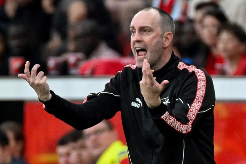 Leipzig's German head coach Ole Werner reacts from the sidelines during the German first division Bundesliga football match between Bayer 04 Leverkusen and RB Leipzig in Leverkusen, western Germany, on May 2, 2026.   UWE KRAFT / AFP