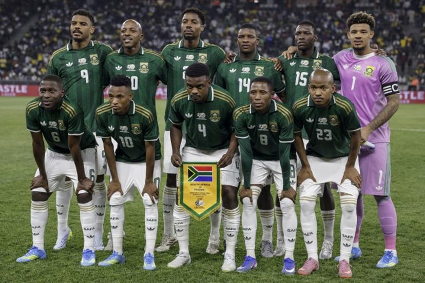 South Africa's team pose for a photograph ahead of the friendly international football match between South Africa and Panama at the Cape Town Stadium in Cape Town on March 31, 2026.  GIANLUIGI GUERCIA / AFP