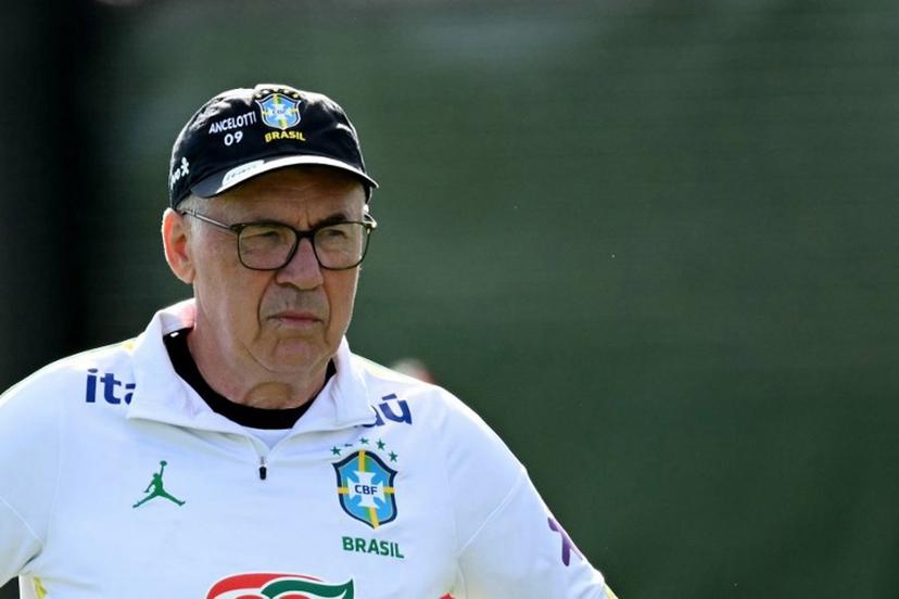 Brazil's Italian head coach Carlo Ancelotti looks on during a training session at Columbia Park Training Facility in Morristown, New Jersey, on June 15, 2026, during the 2026 World Cup football tournament.  MAURO PIMENTEL / AFP