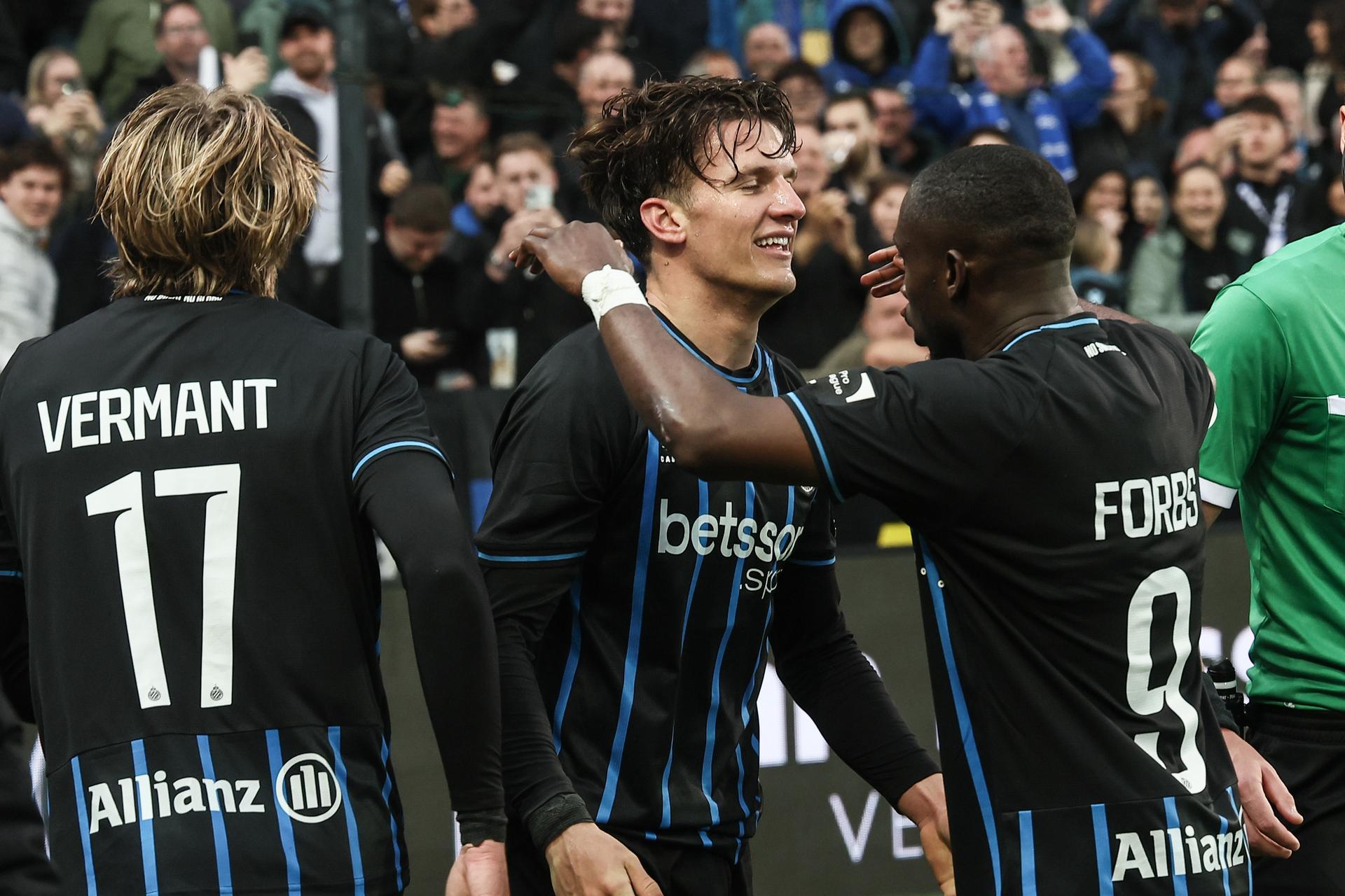 Club's Christos Tzolis celebrates after scoring during a game between Belgian soccer team Club Brugge KV and Royale Union Saint-Gilloise, Sunday 17 May 2026 in Brugge, on day 8 of the Champion's Play-Off (PO 1) competition of the Jupiler Pro League. BELGA PHOTO BRUNO FAHY