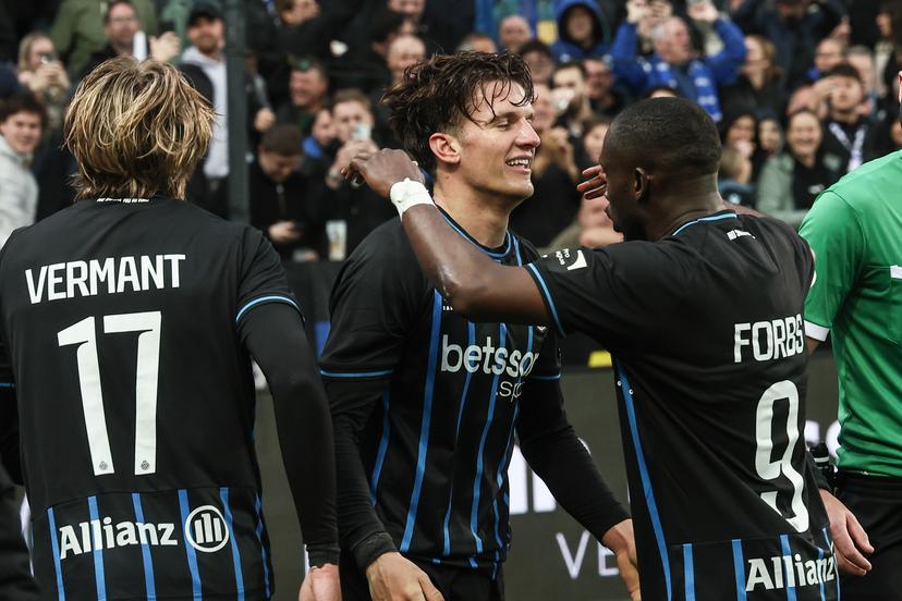 Club's Christos Tzolis celebrates after scoring during a game between Belgian soccer team Club Brugge KV and Royale Union Saint-Gilloise, Sunday 17 May 2026 in Brugge, on day 8 of the Champion's Play-Off (PO 1) competition of the Jupiler Pro League. BELGA PHOTO BRUNO FAHY