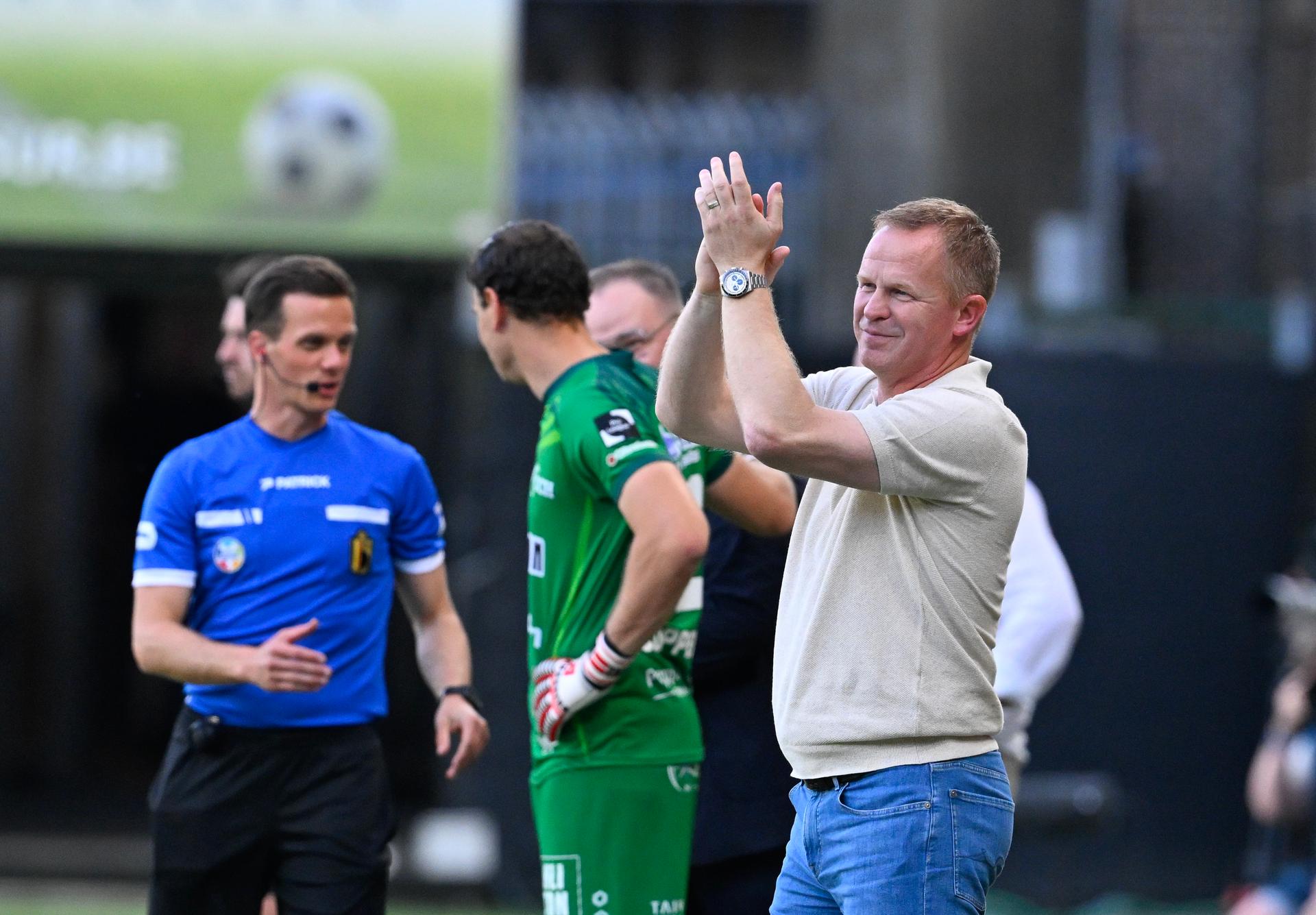 STVV's head coach Wouter Vrancken celebrates during a soccer match between Sint-Truiden VV and KV Mechelen, Sunday 24 May 2026 in Sint-Truiden, on the last day of the Champion's Play-offs of the 2025-2026 'Jupiler Pro League' first division of the Belgian championship. BELGA PHOTO JOHN THYS