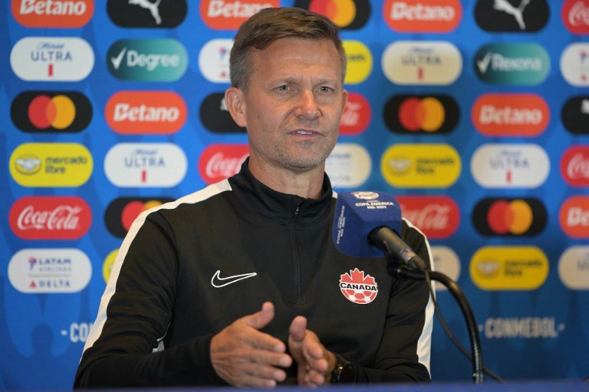 Canada's US coach Jesse Marsch speaks during a press conference one day before the Conmebol 2024 Copa America tournament semifinal match between Canada and Argentina at MetLife Stadium in East Rutherford, New Jersey, on July 8, 2024.  JUAN MABROMATA / AFP