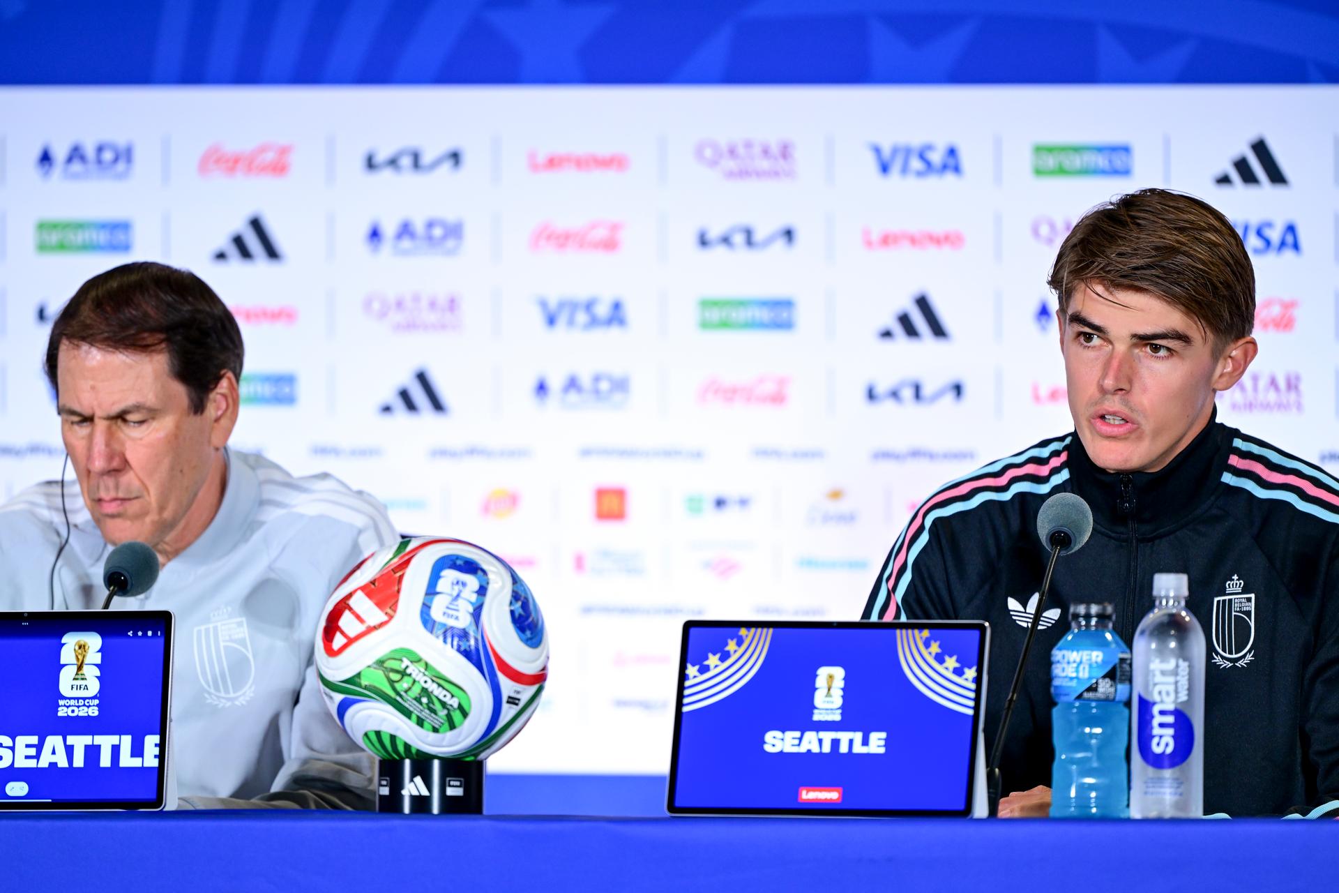 Belgium's head coach Rudi Garcia and Belgium's Charles De Ketelaere pictured during a press moment of Belgian national soccer team Red Devils, on Tuesday 30 June 2026 at Lumen Field Stadium, Seattle, USA. The Rode Duivels - Diables Rouges qualified for the knockout stage of the 2026 FIFA World Cup, where they'll meet Senegal in the round of 32 on July 1st. BELGA PHOTO DIRK WAEM