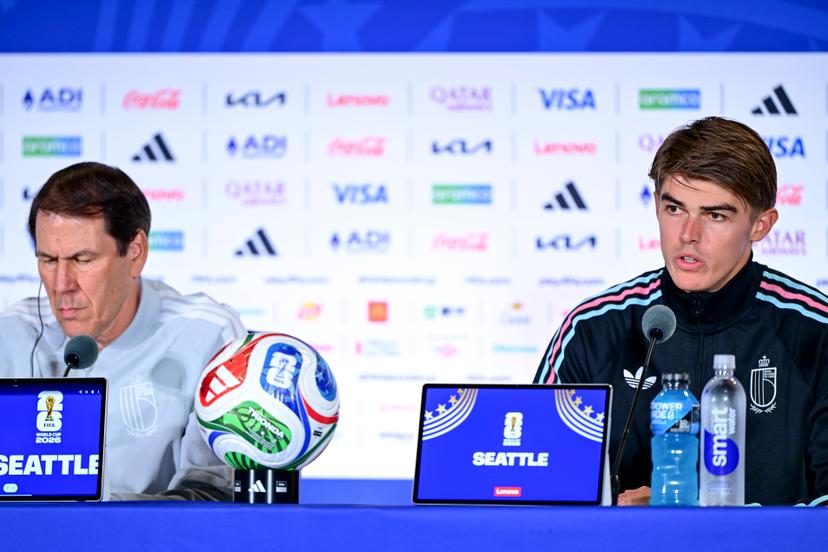 Belgium's head coach Rudi Garcia and Belgium's Charles De Ketelaere pictured during a press moment of Belgian national soccer team Red Devils, on Tuesday 30 June 2026 at Lumen Field Stadium, Seattle, USA. The Rode Duivels - Diables Rouges qualified for the knockout stage of the 2026 FIFA World Cup, where they'll meet Senegal in the round of 32 on July 1st. BELGA PHOTO DIRK WAEM