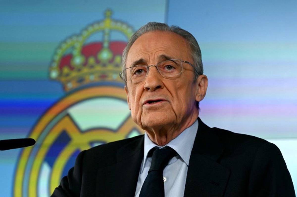 Real Madrid President Florentino Perez talks to media at Real Madrid Sports City in Valdebebas, in the outskirts of Madrid, on May 12, 2026.  JAVIER SORIANO / AFP