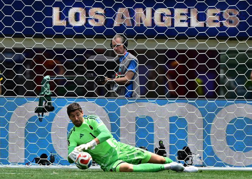 Belgium's goalkeeper Thibaut Courtois pictured in action during a soccer game between Belgian national team Red Devils and Iran, on Sunday 21 June 2026, at the SoFi stadium in Los Angeles, the second game in the group stage of the FIFA World Cup 2026 in the United States of America. The Diables Rouges - Rode Duivels were drawn into Group G. BELGA PHOTO DIRK WAEM