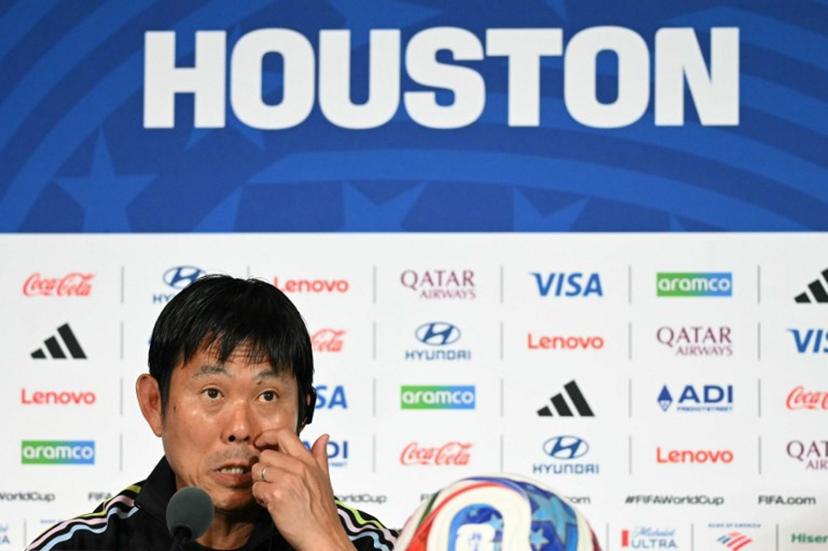Japan's head coach Hajime Moriyasu speaks during a press conference on the eve of the 2026 World Cup Round of 32 football match between Japan and Brazil at Houston stadium in Houston on June 28, 2026.   RONALDO SCHEMIDT / AFP