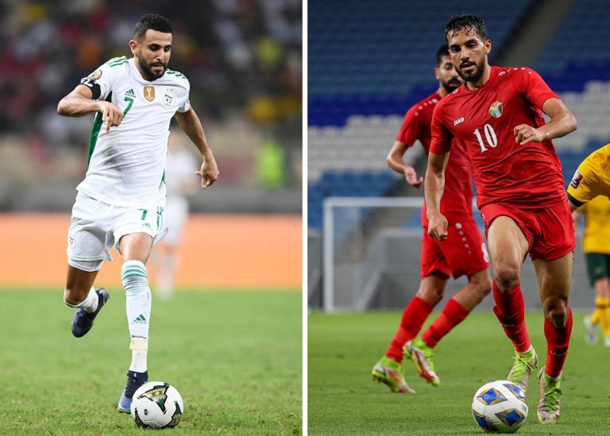 (COMBO) This combination of file photos created on June 20, 2026, Algeria's forward Riyad Mahrez in Douala on January 20, 2022, and Jordan's forward Musa Al-Taamari in Doha on June 1, 2022. Jordan and Algeria will meet during a 2026 World Cup Group J football match at the San Francisco Bay Area Stadium in Santa Clara on June 22, 2026. Karim JAAFAR, Charly TRIBALLEAU / AFP