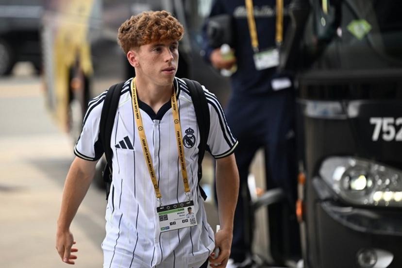 Real Madrid's Spanish midfielder #44 Victor Munoz arrives at the stadium ahead of the FIFA Club World Cup 2025 semifinal football match between France's Paris Saint-Germain and Spain's Real Madrid at the MetLife stadium in East Rutherford, New Jersey on July 9, 2025.  Paul ELLIS / AFP