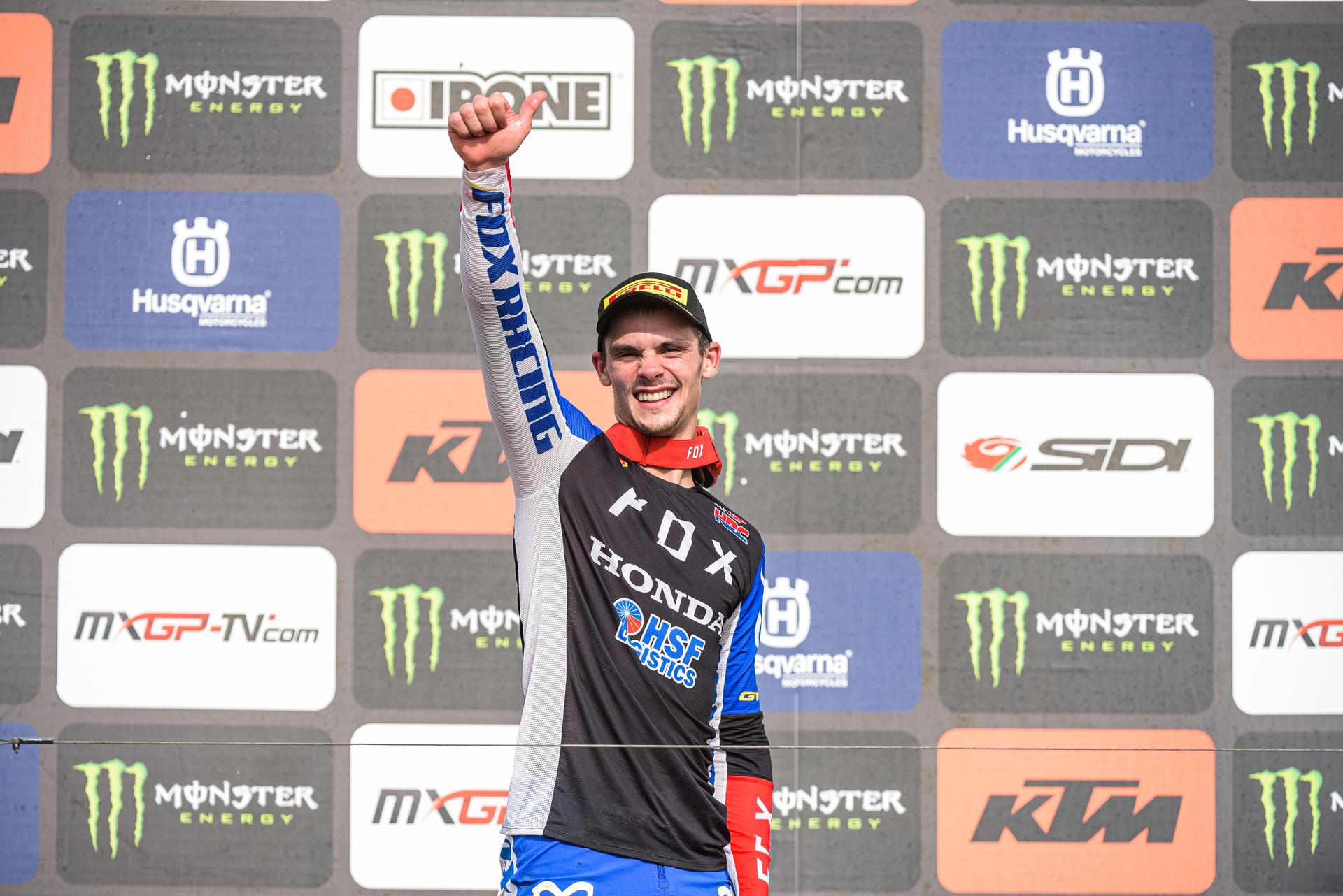 Slovenian Tim Gajser celebrates on the podium after winning the MXGP race at the GP Limburg motocross event in Lommel, Sunday 04 August 2019. BELGA PHOTO JONAS ROOSENS