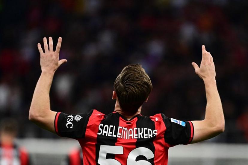 AC Milan's Belgian midfielder #56 Alexis Saelemaekers celebrates after scoring his team's first goal during the Italian Serie A football match between AC Milan and Cagliari at the San Siro Stadium in Milan on May 24, 2026.  Piero CRUCIATTI / AFP