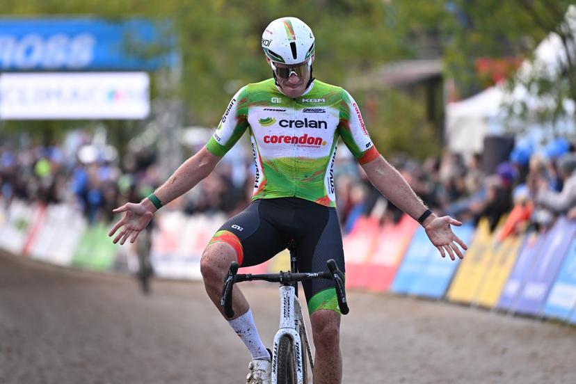 Belgian Joran Wyseure celebrates as he crosses the finish line to win the men's elite race of the 'HG Cross Heerde' cyclocross cycling event, race 3/7 of the 'HG Cross' competition, on Saturday 24 October 2026 in Heerde, Netherlands. BELGA PHOTO DAVID PINTENS