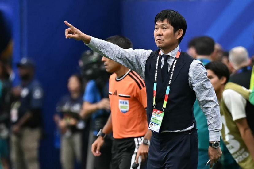 Japan's head coach Hajime Moriyasu gestures  during the 2026 World Cup round of 32 football match between Brazil and Japan at the Houston Stadium in Houston on June 29, 2026.   Paul ELLIS / AFP