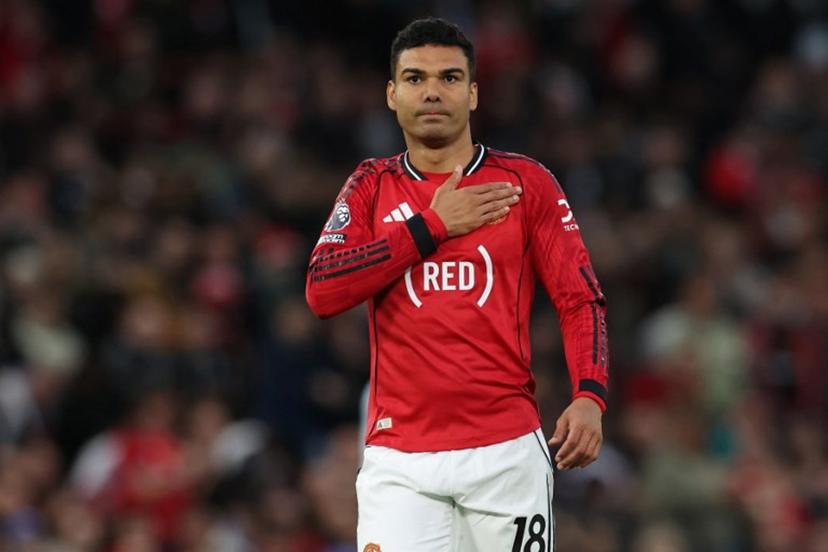 Manchester United's Brazilian midfielder #18 Casemiro celebrates after scoring the opening goal during the English Premier League football match between Manchester United and Brentford at Old Trafford in Manchester, north west England, on April 27, 2026.  Darren Staples / AFP