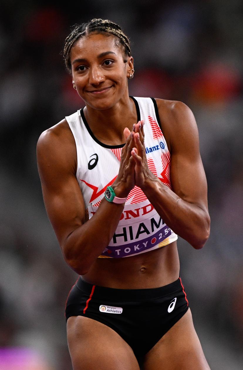 Belgian Nafissatou Nafi Thiam celebrates during the shot put event of the women's Heptathlon competition, at the World Athletics Championships in Tokyo, Japan, on Friday 19 September 2025. The outdoor Worlds are taking place from 13 to 21 September. BELGA PHOTO JASPER JACOBS