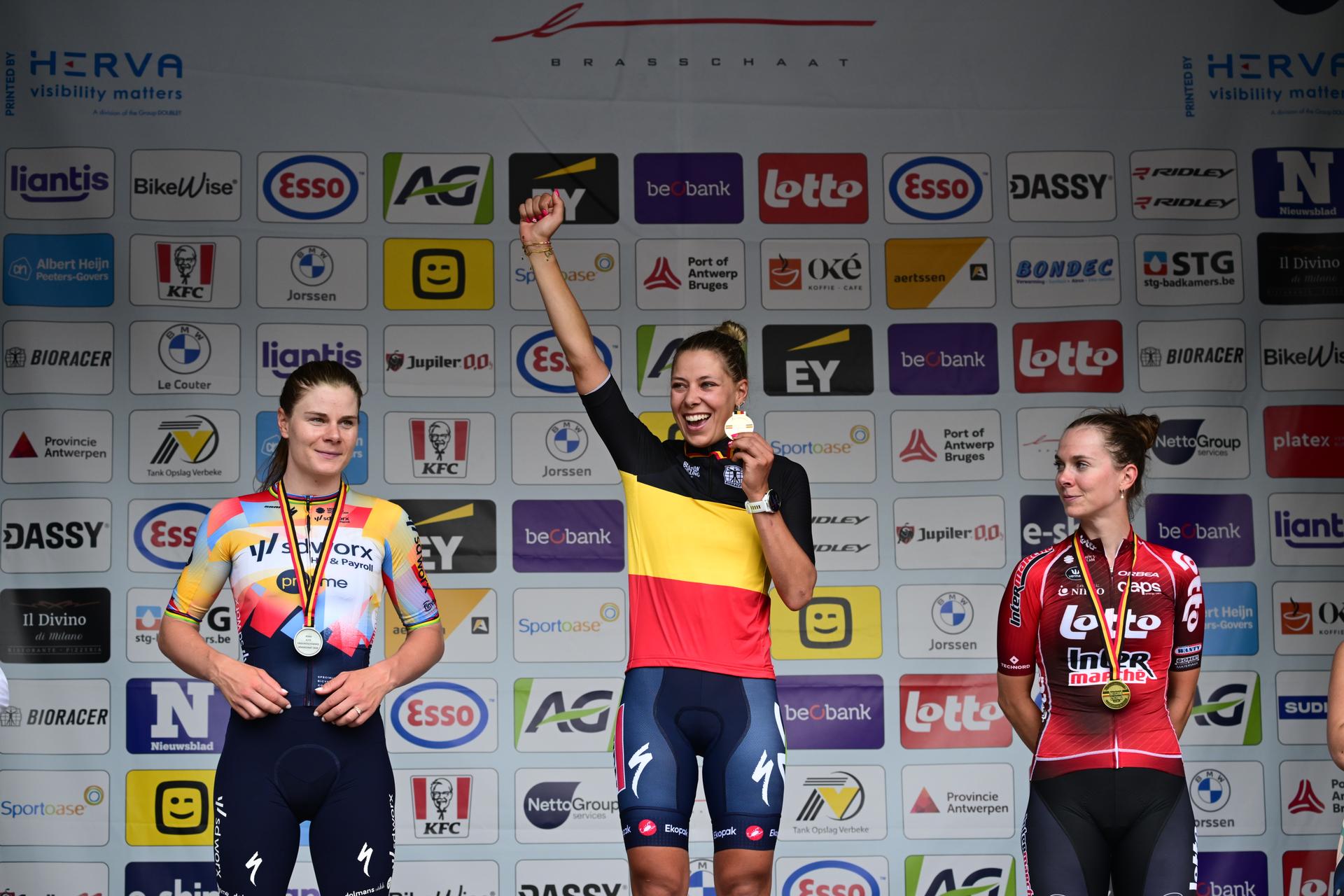 Lotte Kopecky, Shari Bossuyt and Sandrine Tas pictured on the podium of the women's elite race (137km) at the Belgian Cycling Championships, in Brasschaat, on Sunday 28 June 2026. BELGA PHOTO TOM GOYVAERTS