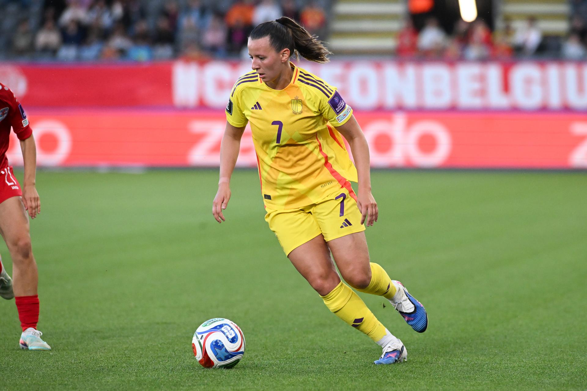 Belgium's Hannah Eurlings pictured in action during a soccer game between Belgium's national women's team the Red Flames and Luxembourg, on Friday 05 June 2026 in Leuven, in the fifth of six games of the qualifiers for the 2027 FIFA Women's World Cup. BELGA PHOTO JILL DELSAUX