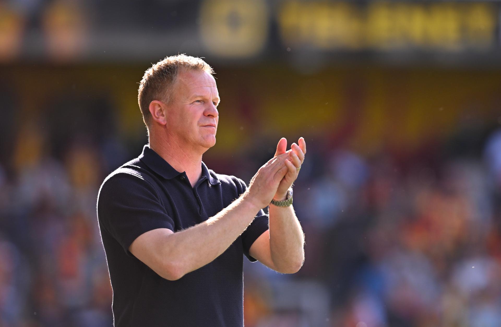 STVV's head coach Wouter Vrancken reacts after winning a soccer match between KV Mechelen and Sint-Truiden VV, Sunday 26 April 2026 in Mechelen, on the fifth day of the Champion's Play-offs of the 2025-2026 'Jupiler Pro League' first division of the Belgian championship. BELGA PHOTO JOHN THYS