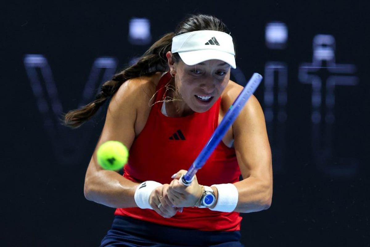 USA's Jessica Pegula hits a return against Kazakhstan's Elena Rybakina during their women's singles tennis match at the Billie Jean King Cup quarter-finals in Shenzhen, China's southern Guangdong province on September 18, 2025. AFP