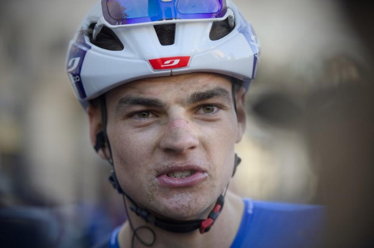 Groupama-FDJ team's French rider Thibaud Gruel delivers remarks to media after the 119th edition of the 211,6 km Paris-Tours one day cycling race, in Tours, central France on October 12, 2025. GUILLAUME SOUVANT / AFP