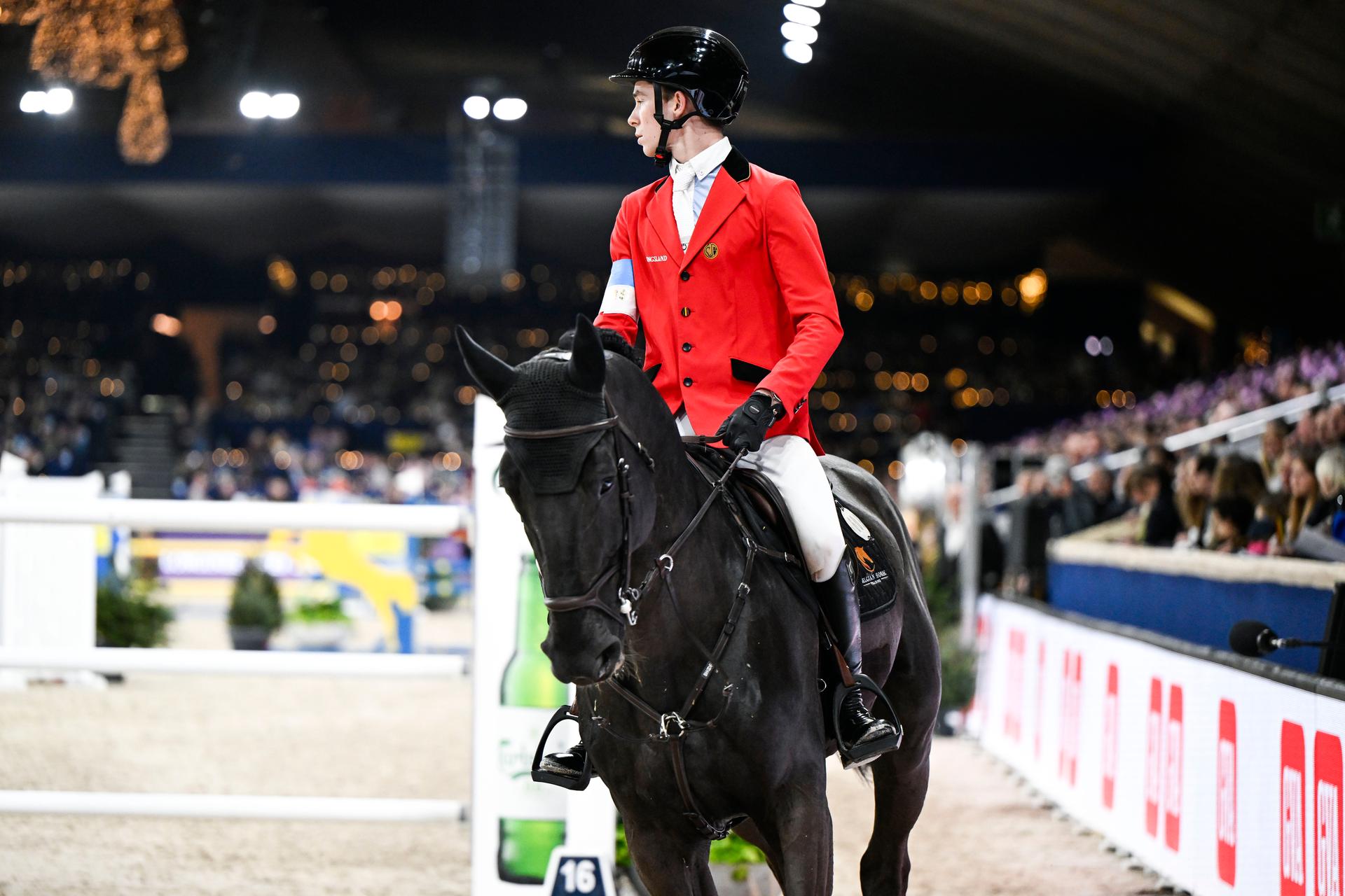 Belgian rider Thibeau Spits with Impress-K van 't Kattenheye Z pictured in action during the FEI World Cup Jumping competition at the 'Vlaanderens Kerstjumping - Memorial Eric Wauters' equestrian event in Mechelen on Monday 30 December 2024. BELGA PHOTO TOM GOYVAERTS