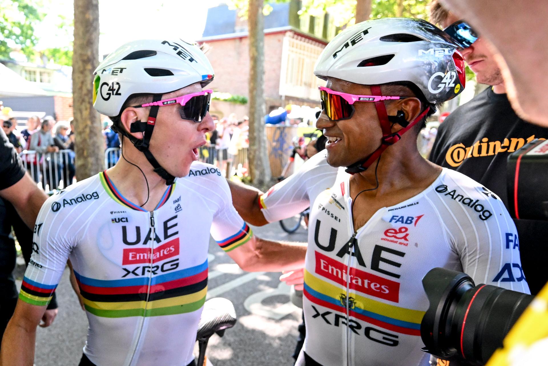 Portuguese Joao Almeida of UAE Team Emirates and Slovenian Tadej Pogacar of UAE Team Emirates celebrate after Pogacar won the fourth stage of the 2025 Tour de France cycling, Amien Metropole - Rouen (173 km), on Tuesday 08 July 2025 in France. The 112th edition of the Tour de France starts on Saturday 5 July in Lille, France, and will finish in Paris, France on the 27th of July. BELGA PHOTO POOL SZYMON GRUCHALSKI