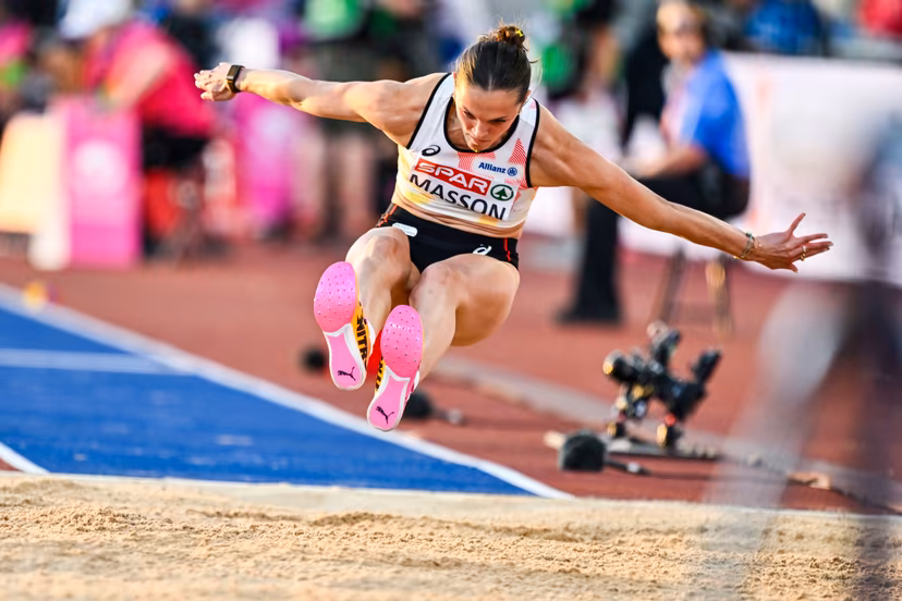Belgian Ilona Masson pictured in action during the qualifications of the women's triple jump event at the European Athletics Championships (August 10-18) in Birmingham, United Kingdom, on Monday 10 August 2026. BELGA PHOTO ERIC LALMAND