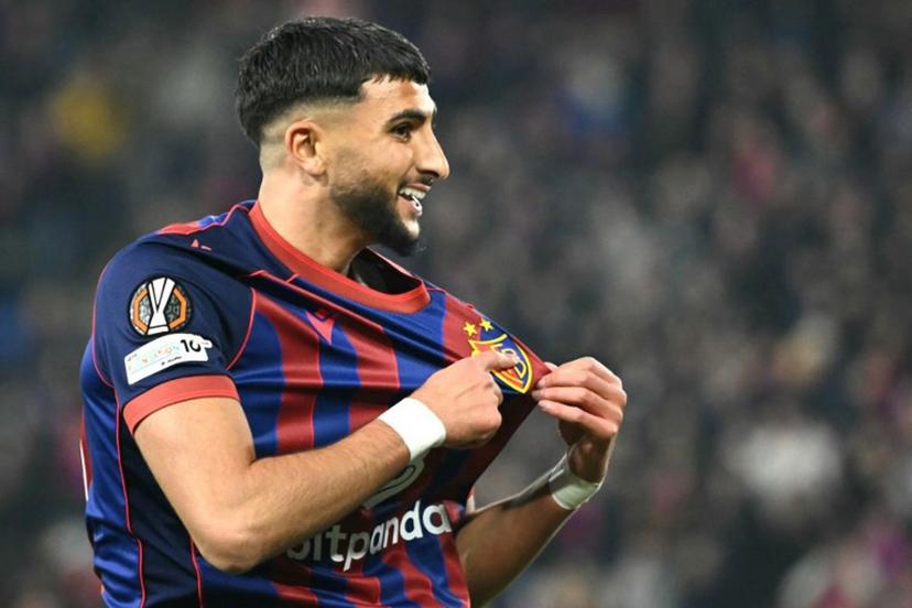 Basel's Moroccan forward #21 Ibrahim Salah celebrates after scoring his team third goal during the UEFA Europa League, league phase day 4, football match between FC Basel and FCS Bucarest at the St. Jakob-Park Stadium, in Basel, on November 6, 2025. SEBASTIEN BOZON / AFP