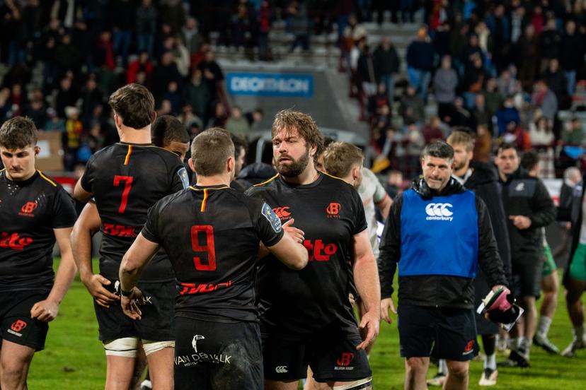 Players pictured in action during a rugby game between Belgium's Black Devils and Portugal, in the opening match of the European Rugby Champiosnhip, at Charles Tondreau Stadium in Mons, on Saturday 07 February 2026. BELGA PHOTO MARIUS BURGELMAN