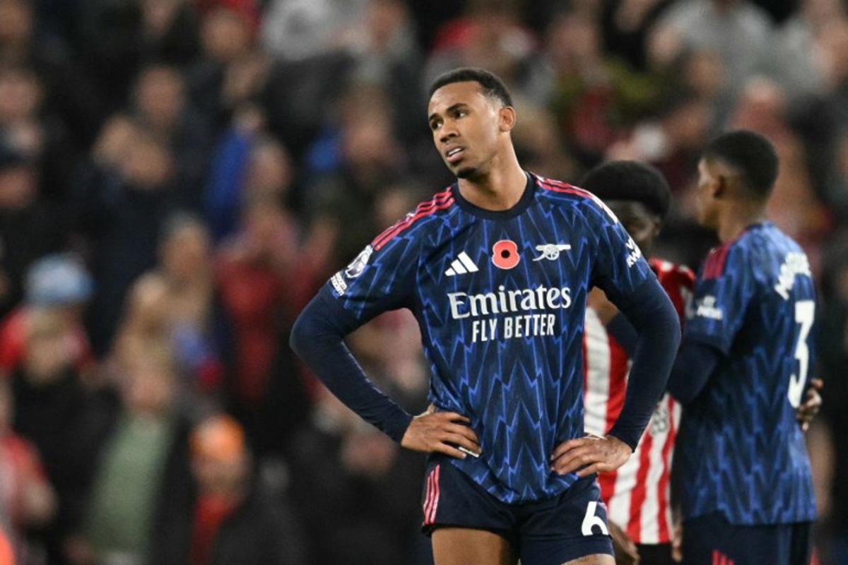 Arsenal's Brazilian defender #06 Gabriel Magalhaes reacts after the final whistle during the English Premier League football match between Sunderland and Arsenal at The Stadium of Light in Sunderland in north east England on November 8, 2025. Oli SCARFF / AFP