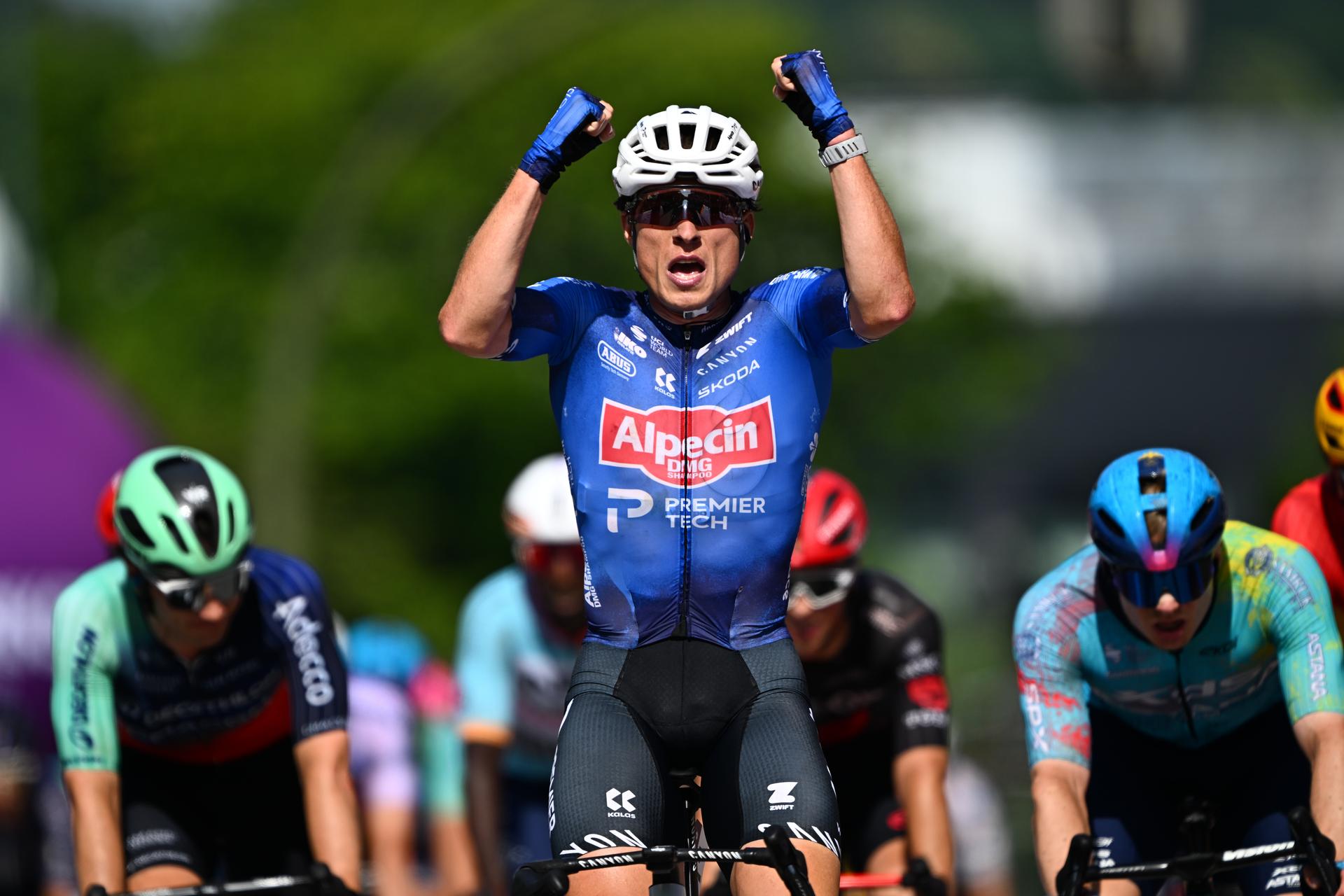Belgian Jasper Philipsen of Alpecin-Premier Tech celebrates after winning stage 5 of the Baloise Belgium Tour cycling race, 183,6km from Gingelom to Hoeilaart, on Sunday 21 June 2026. The Baloise Belgium Tour takes place from 17 to 21 June. BELGA PHOTO JASPER JACOBS