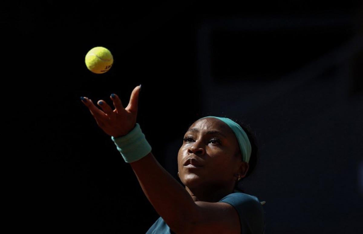 US Coco Gauff serves to Romania's Sorana Cirstea during their 2026 WTA Tour Madrid Open tennis tournament singles match at the Caja Magica in Madrid, on April 26, 2026. OSCAR DEL POZO / AFP