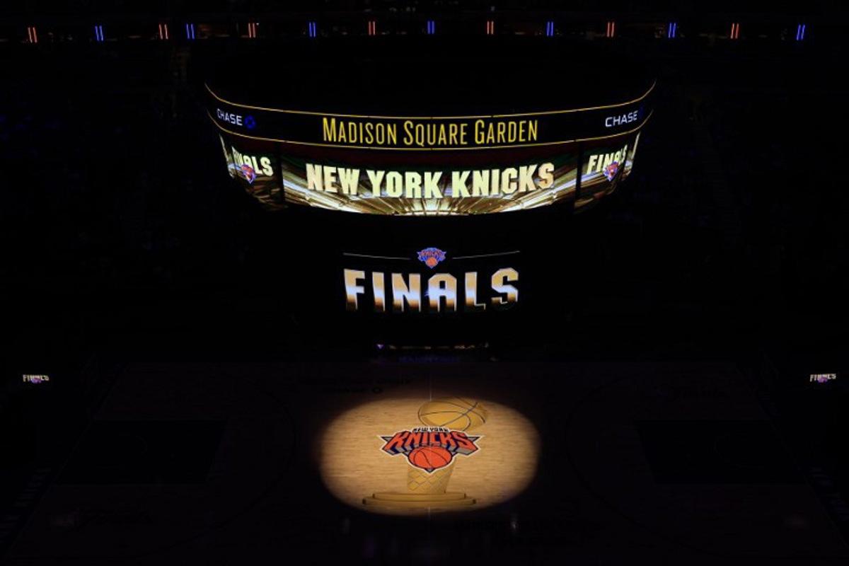 The court is seen ahead of Game 1 of the NBA Finals between the New York Knicks and the San Antonio Spurs as fans arrive to watch the match on a screen at Madison Square Garden in New York City on June 3, 2026. TIMOTHY A. CLARY / AFP