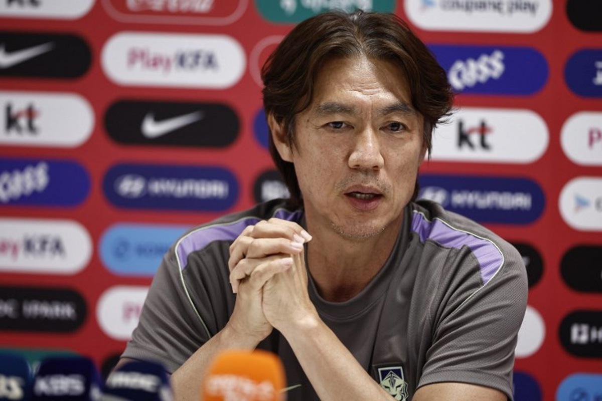 South Korea's head coach Hong Myung-bo gives a press conference at Chivas Verde Valle in Guadalajara, Mexico on June 25, 2026, during the 2026 World Cup football tournament. Ulises RUIZ / AFP