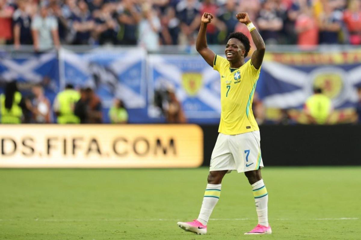 Brazil's forward #07 Vinicius Junior celebrates after scoring his team's second goal during the 2026 World Cup Group C football match between Scotland and Brazil at the Miami Stadium in Miami Gardens on June 24, 2026. PATRICIA DE MELO MOREIRA / AFP