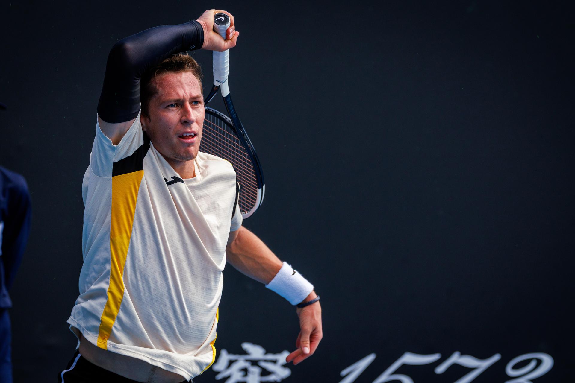 Belgium's Kimmer Coppejans pictured in action during a third round qualifying match in the men's singles against USA's Svajda at the Australian Open, Melbourne Park, Melbourne on Thursday 15 January 2026. BELGA PHOTO PATRICK HAMILTON --- BENELUX ONLY ---
