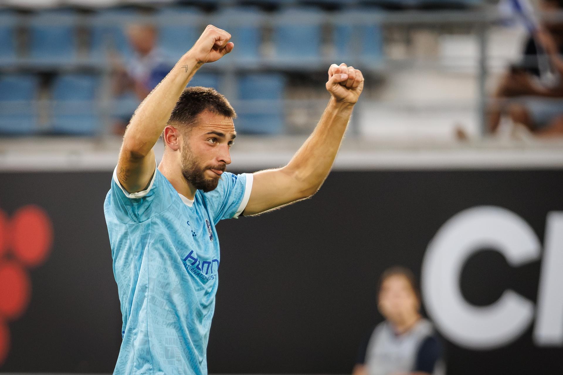 Gent's Matties Volckaert celebrates after scoring during a game between Belgian KAA Gent and Swedish IFK Goteborg , in Gent, Belgium, on Thursday 13 August 2026, a return leg game in the third qualifying round of the UEFA Conference League competition. Gent won 0-1 the first leg. BELGA PHOTO KURT DESPLENTER